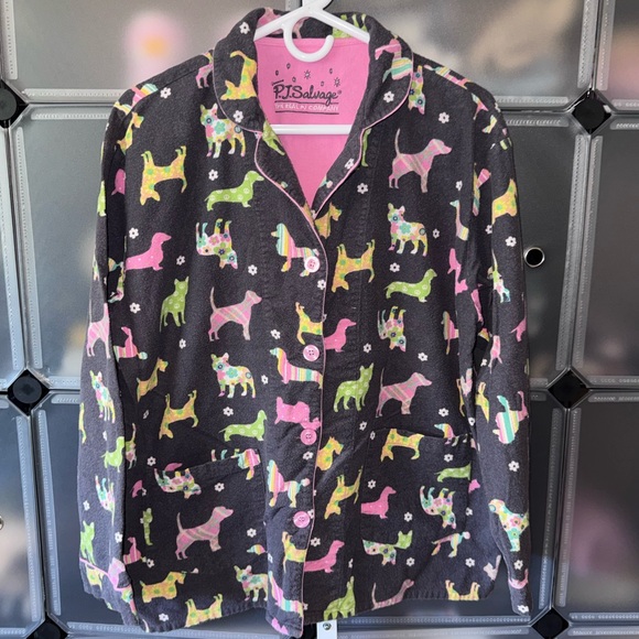 PJ Salvage Flannel Pajama Set in Gray with Multicolored Dog Silhouettes Wns L - Picture 2 of 15